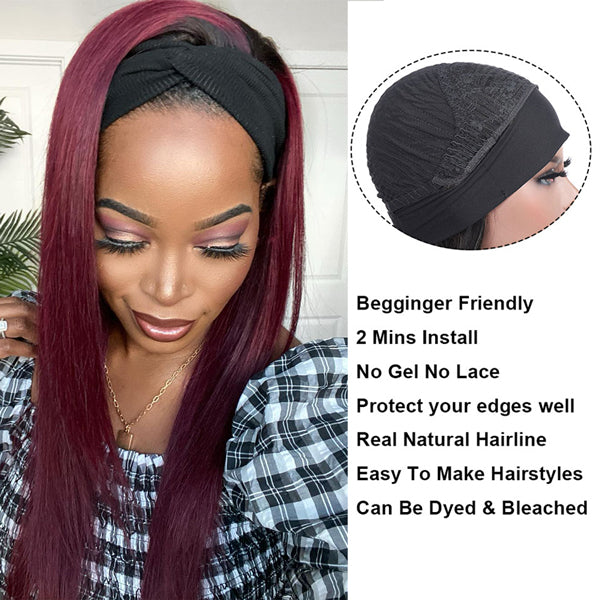 Headband Wig Human Hair 99J Burgundy Red Wig Straight Human Hair Wigs for Women - LollyHair