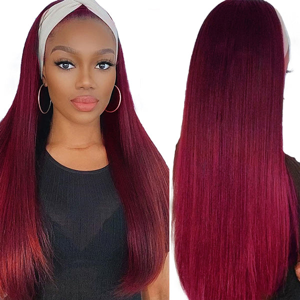 Headband Wig Human Hair 99J Burgundy Red Wig Straight Human Hair Wigs for Women - LollyHair