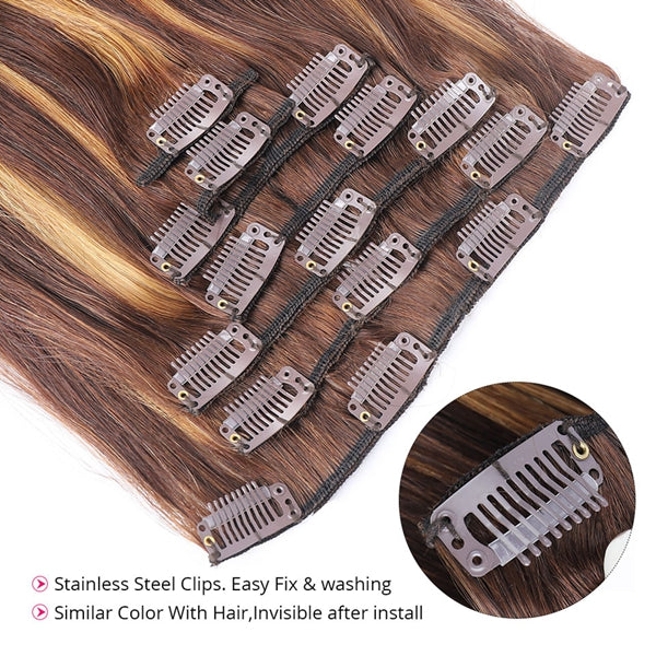 Highlight Clip In Hair Extensions Human Hair Full Head Brazilian Straight Clip In 7 Pcs/Set - LollyHair