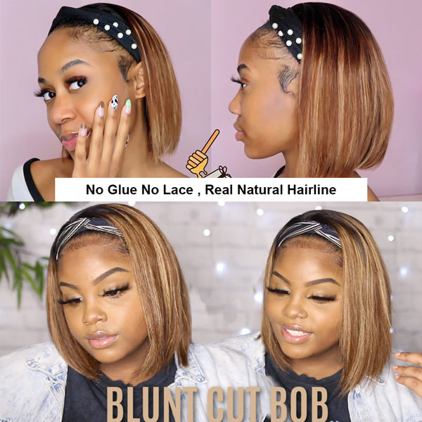 Highlight Headband Wig Human Hair Ombre Color Straight Short Bob Wigs Human Hair - LollyHair