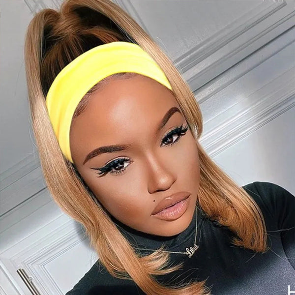 Highlight Headband Wig Human Hair Ombre Color Straight Short Bob Wigs Human Hair - LollyHair