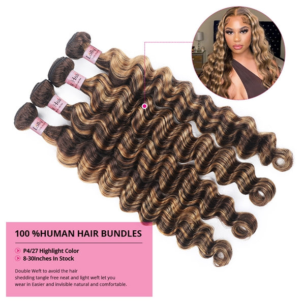 Highlight Human Hair Bundles 1 3 4 Bundles Ombre Loose Deep Wave Hair Bundles P4/27 Brown Bundles