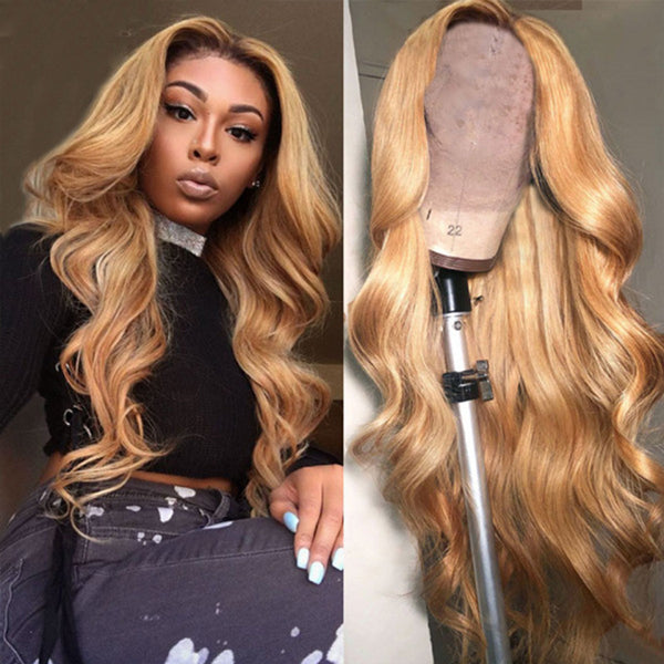 Honey Blonde Wig Ombre Body Wave Lace Front Wigs for Women 4x4 Closure Wig - LollyHair