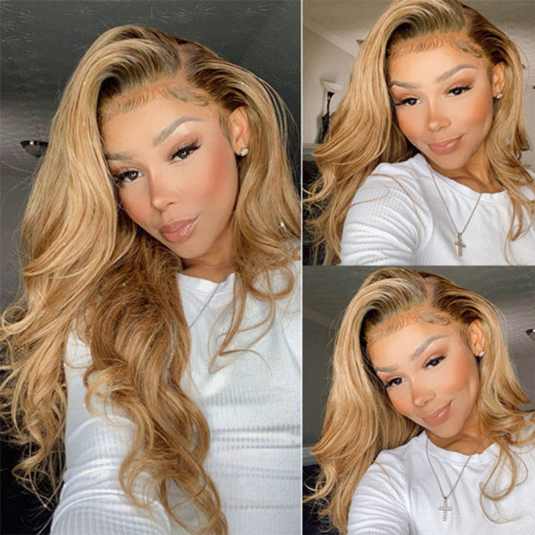 Honey Blonde Wig Ombre Body Wave Lace Front Wigs for Women 4x4 Closure Wig - LollyHair