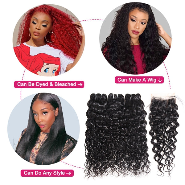 Indian Virgin Human Hair Water Wave 3 Bundles with 4*4 HD Lace Closure - LollyHair