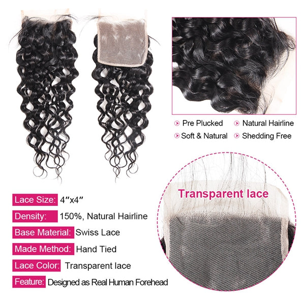 Indian Virgin Human Hair Water Wave 3 Bundles with 4*4 HD Lace Closure - LollyHair
