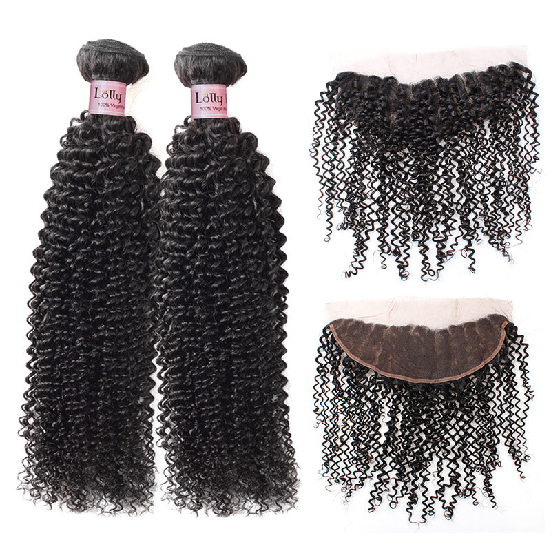 Lolly 9A Malaysian Curly Virgin Human Hair 2 Bundles With 13x4 Lace Frontal Closure : LOLLYHAIR