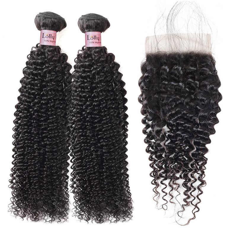 Lolly 100% Virgin Malaysian Kinky Curly Human Hair Extensions 2 Bundles With Lace Closure 9A : LOLLYHAIR
