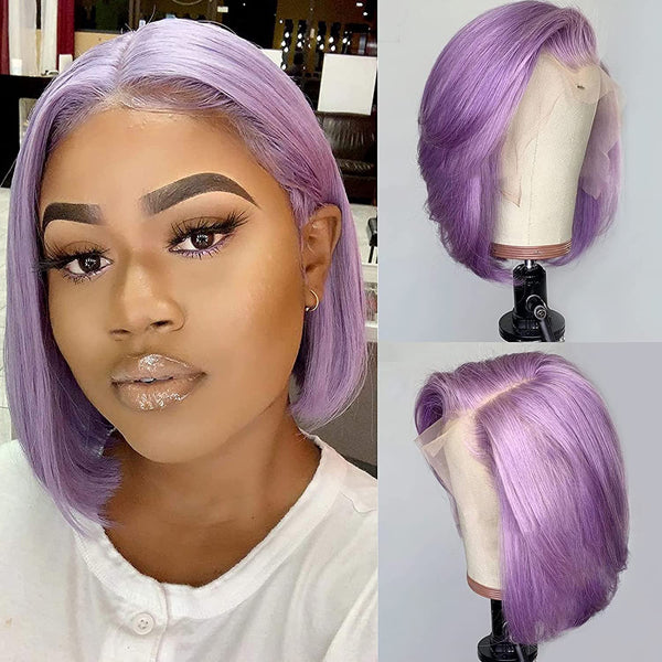 Lavender Bob Wig Lace Front Human Hair Wigs Pre-plucked Short Hair Purple Wig 8-14 Inch
