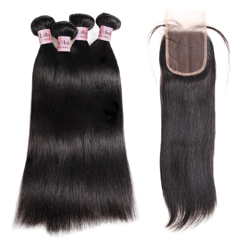 Lolly Hair Unprocessed Natural Brazilian Straight Virgin Hair Weave 4 Bundles With Lace Closure Best Straight Hair Extensions : LOLLYHAIR