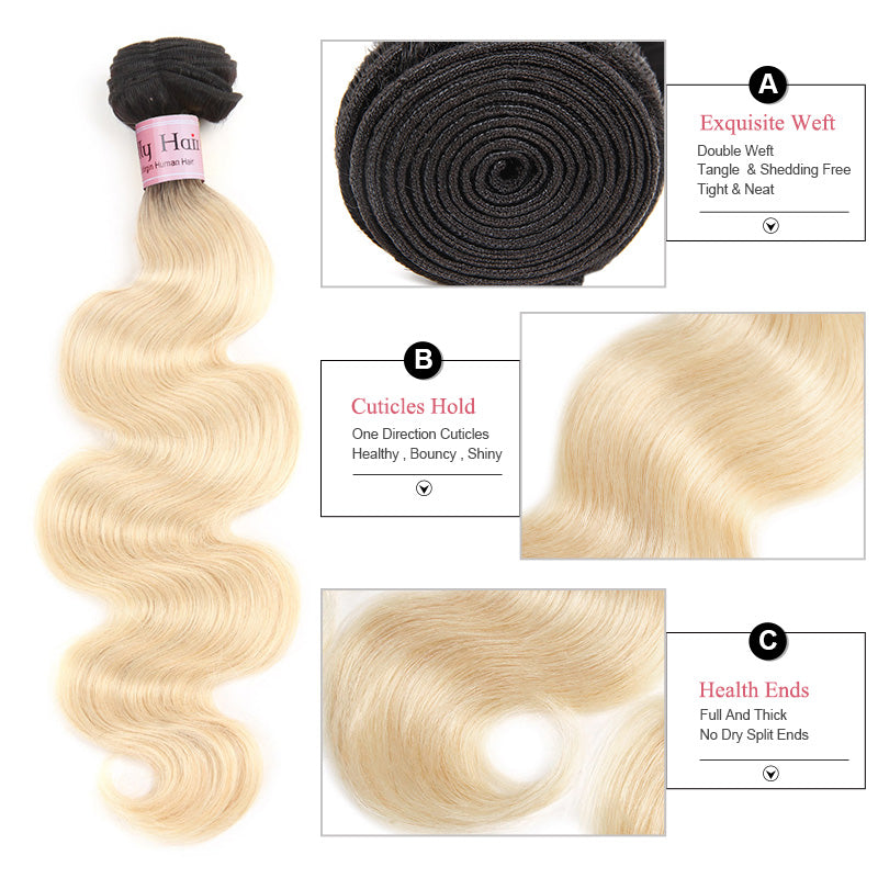 Lolly Hair 4Pcs Dark Root Body Wave Human Hair Weave Ombre Blonde 613# Natural Virgin Hair Extensions Unprocessed Body Wave 4 Bundles : LOLLYHAIR