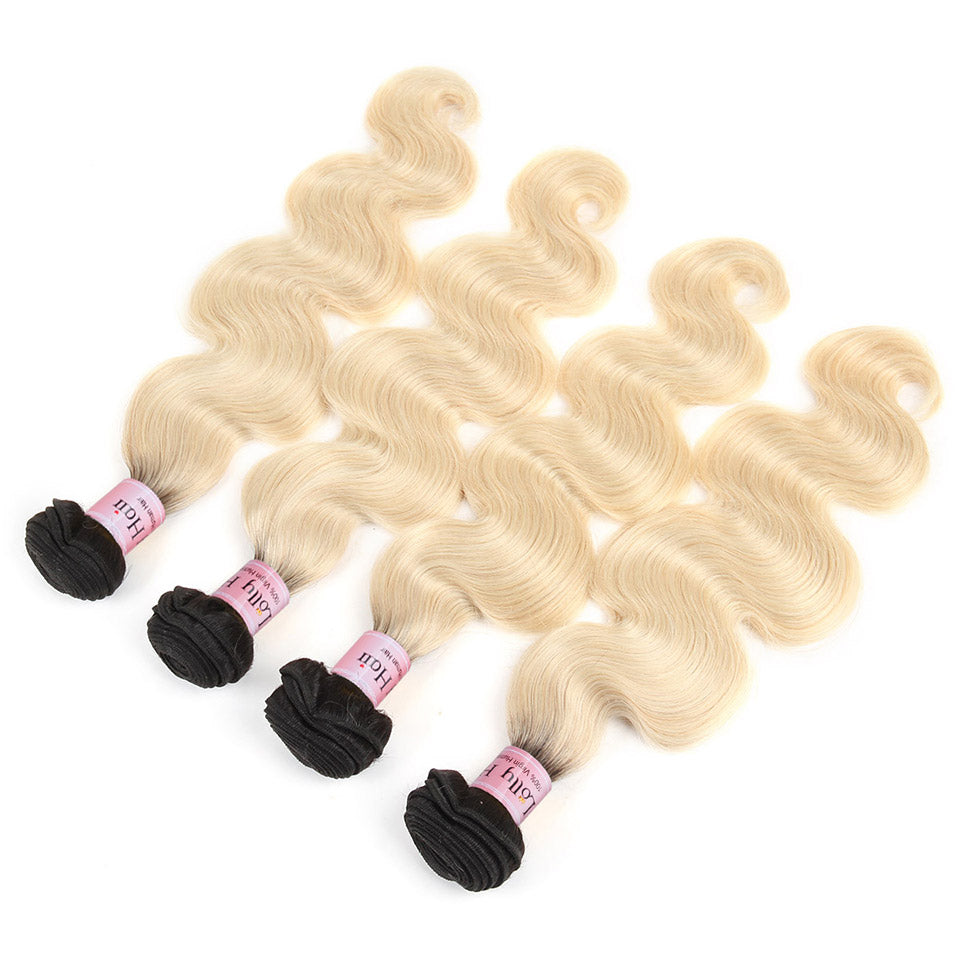 Lolly Hair 4Pcs Dark Root Body Wave Human Hair Weave Ombre Blonde 613# Natural Virgin Hair Extensions Unprocessed Body Wave 4 Bundles : LOLLYHAIR