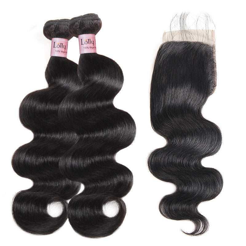 Lolly 100% Virgin Indian Body Wave Hair 2 Bundles With 4*4 Lace Closure 9A : LOLLYHAIR