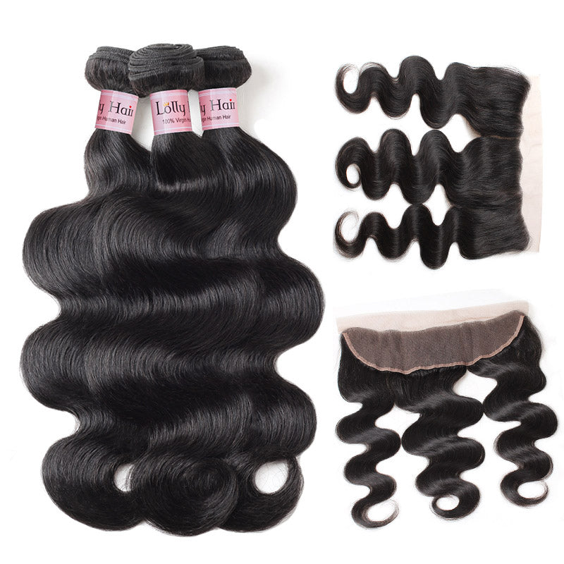 LollyHair Malaysian Virgin Hair Human Hair Extensions Body Wave Weft Hair Bundle Deals 300g With 13x4 Lace Frontal Closure Hair : LOLLYHAIR