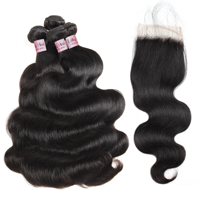 Lolly Hair Natural Peruvian Body Wave Virgin Hair 8-28 inch 4 Bundles with Lace Closure 100% Virgin Peruvian Body Wave Extensions 4 Bundles Virgin Remy Hair : LOLLYHAIR