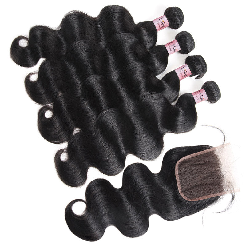 Lolly Hair Natural Peruvian Body Wave Virgin Hair 8-28 inch 4 Bundles with Lace Closure 100% Virgin Peruvian Body Wave Extensions 4 Bundles Virgin Remy Hair : LOLLYHAIR