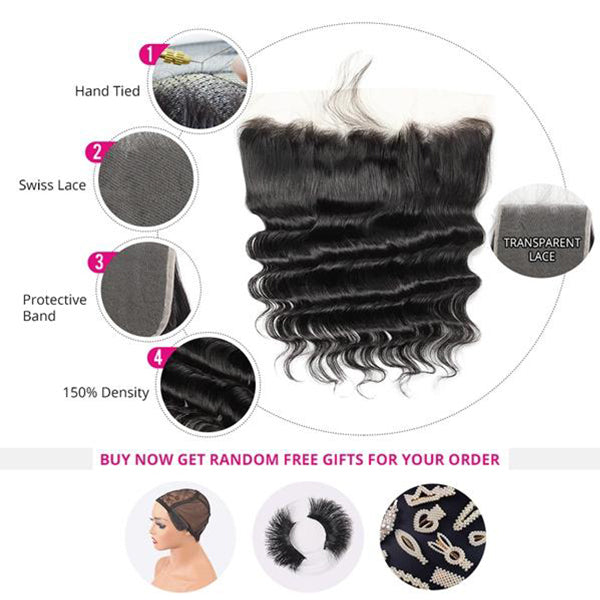 Lolly Loose Deep Wave Bundles with Closure Frontal 13x4 HD Transparent Lace Frontal Human Hair Bundles with Closure