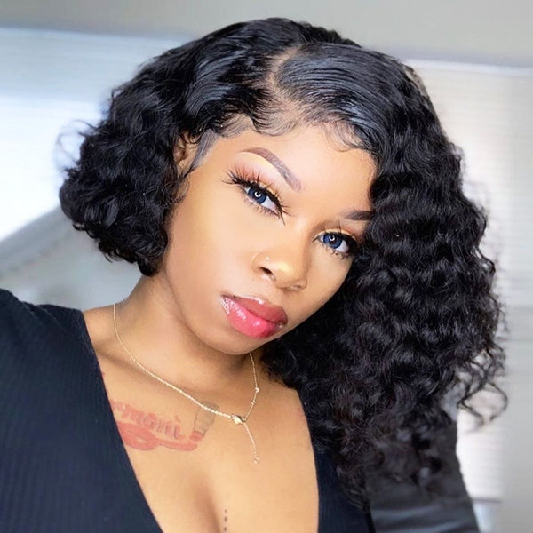 Deep Wave Wig Short Bob Wig Lace Front Human Hair Wigs Natural Color Human Hair Wigs 4x4 Lace Closure Wig - LollyHair