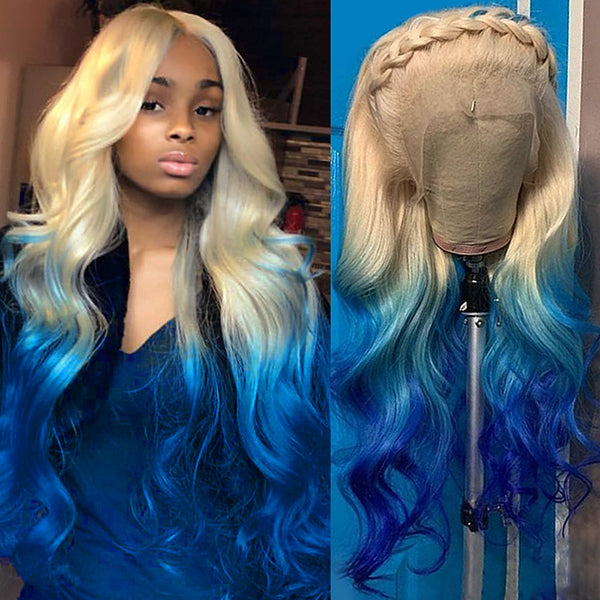 Lolly Blonde Lace Front Wig with Blue Ends Ombre Highlight Blue Colored Wigs Body Wave 13x4 HD Lace Front Wig Human Hair