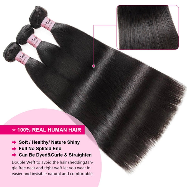 Brazilian Straight Hair Bundles with Closure HD Transparent Lace Closure and 3 Bundles Deal