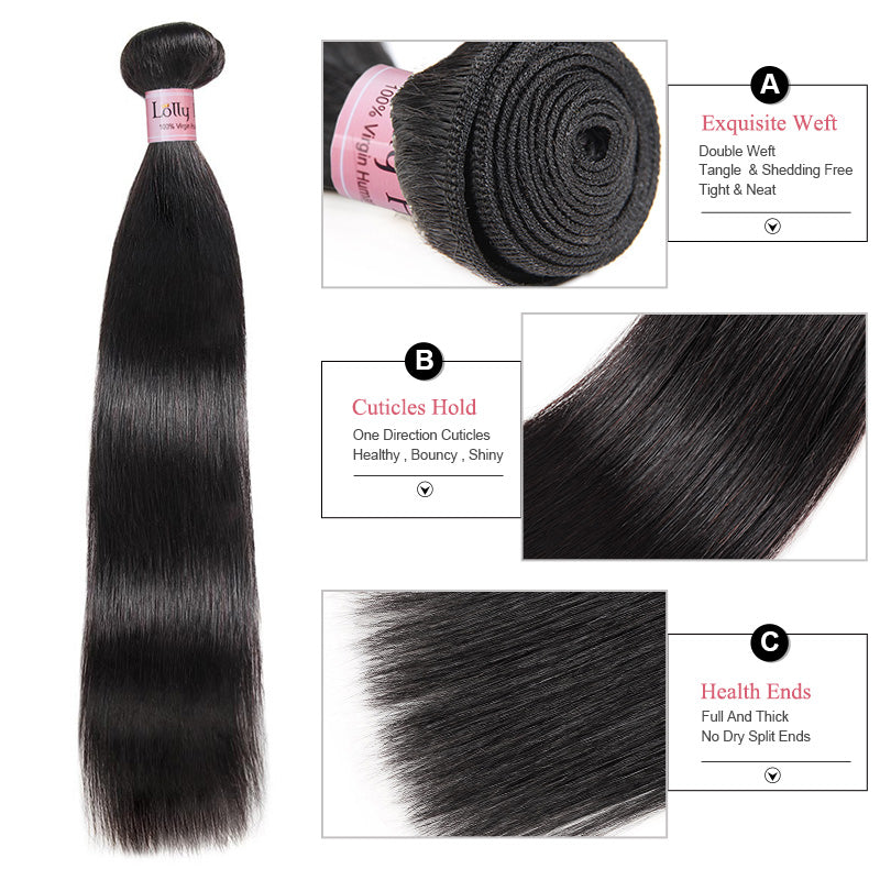Lolly Hair Virgin Peruvian Straight Hair 2 Bundles With 4*4 Lace Closure 9A : LOLLYHAIR