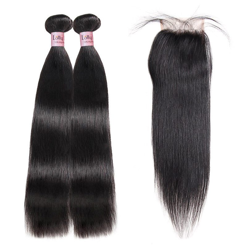 Lolly Hair Virgin Peruvian Straight Hair 2 Bundles With 4*4 Lace Closure 9A : LOLLYHAIR