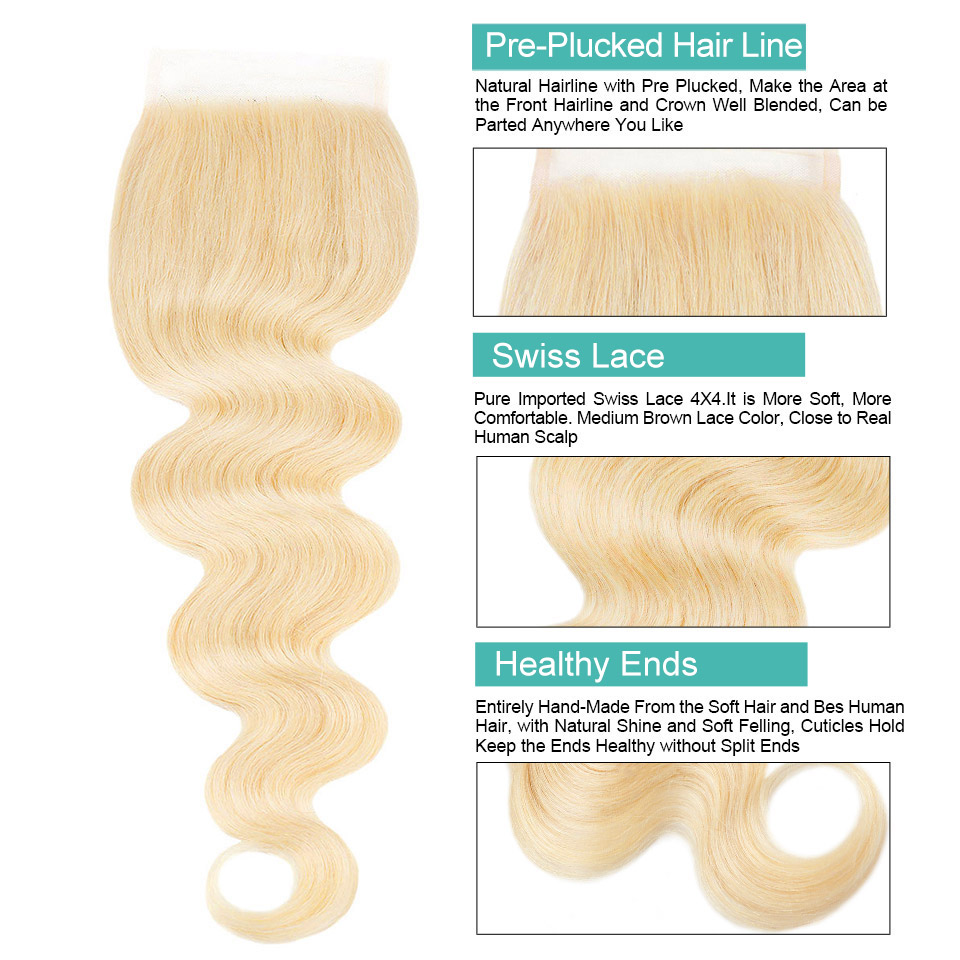 613 Bundles Body Wave with Closure Brazilian Blonde Human Hair Bundles and Closures - LollyHair