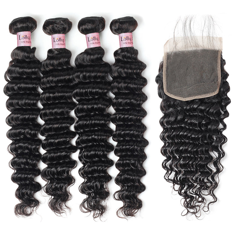 Lolly Hair Malaysian Deep Wave Human Hair Extensions 4 Bundles with 4x4 Lace Closure : LOLLYHAIR