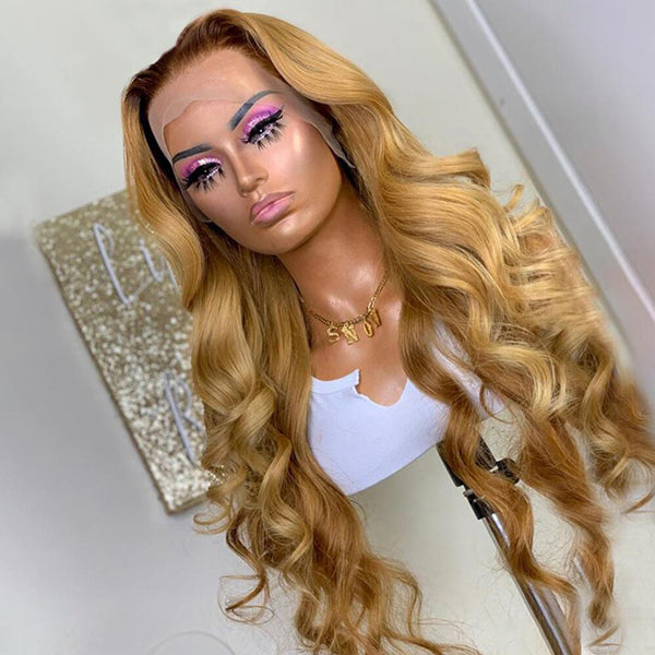Honey Blonde Wig Ombre Body Wave Lace Front Wigs for Women 4x4 Closure Wig - LollyHair