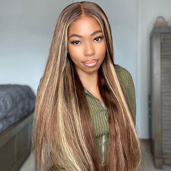 13x6 PPB Wear and Go Human Hair Wigs P4 27 Highlight Straight HD Lace Front Wig Pre-plucked