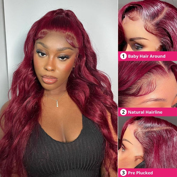 250 Density 99J Burgundy 13x4 13x6 HD Body Wave Lace Front Human Hair Wigs Pre Plucked 30 Inch Red Colored Frontal Wigs for Women