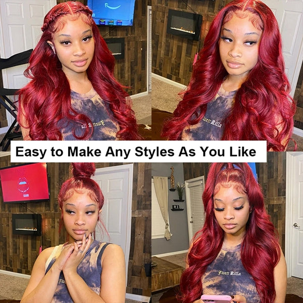 250 Density 99J Burgundy 13x4 13x6 HD Body Wave Lace Front Human Hair Wigs Pre Plucked 30 Inch Red Colored Frontal Wigs for Women