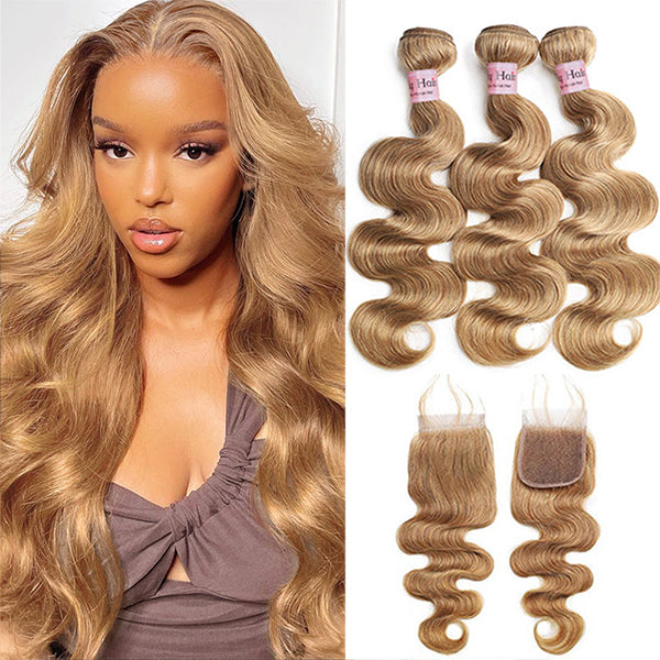 27 Honey Blonde Body Wave Bundles with Closure Colored Human Hair 3 Bundles with Lace Closure