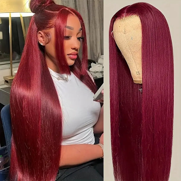 30 Inch Burgundy 13x6 HD Lace Frontal Wigs Pre Plucked Glueless Bone Straight 99J Colored Human Hair Wigs For Women