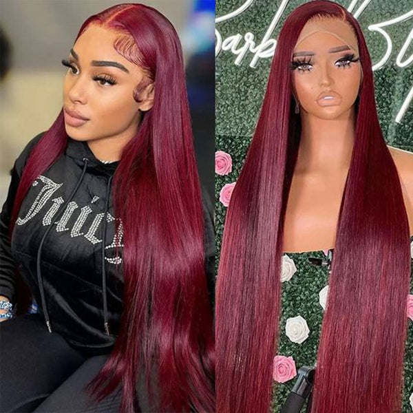 30 Inch Burgundy 13x6 HD Lace Frontal Wigs Pre Plucked Glueless Bone Straight 99J Colored Human Hair Wigs For Women