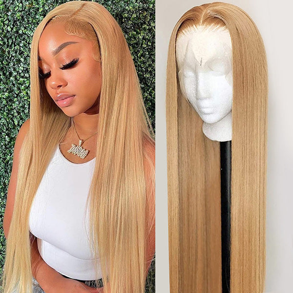 Honey Blonde Lace Front Wig 27# Hair Colored Straight Human Hair Wigs 30 Inch HD Transparent Frontal Wigs