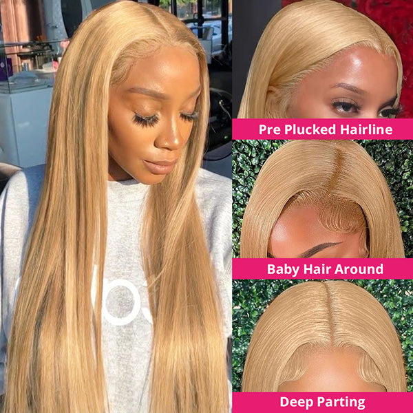 Honey Blonde Lace Front Wig 27# Hair Colored Straight Human Hair Wigs 30 Inch HD Transparent Frontal Wigs