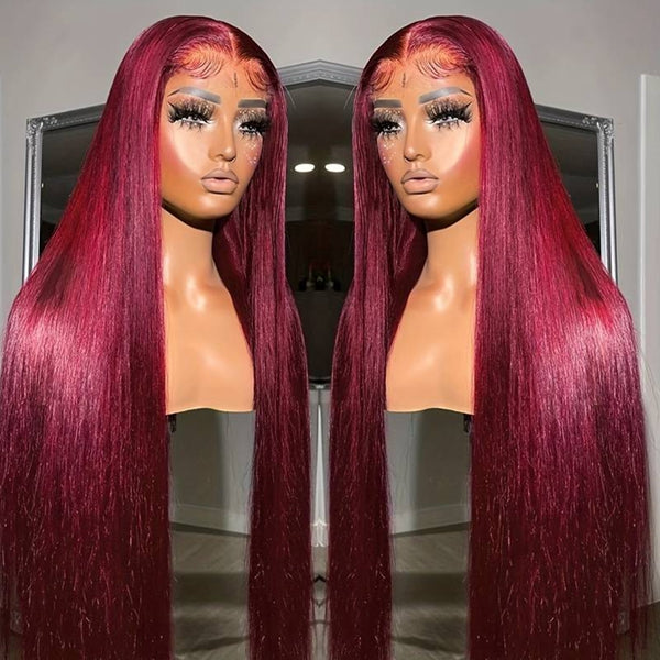 99j Burgundy Preplucked Glueless Lace Front Wig 13x4 HD Lace Frontal Straight Wear Go Human Hair Wigs