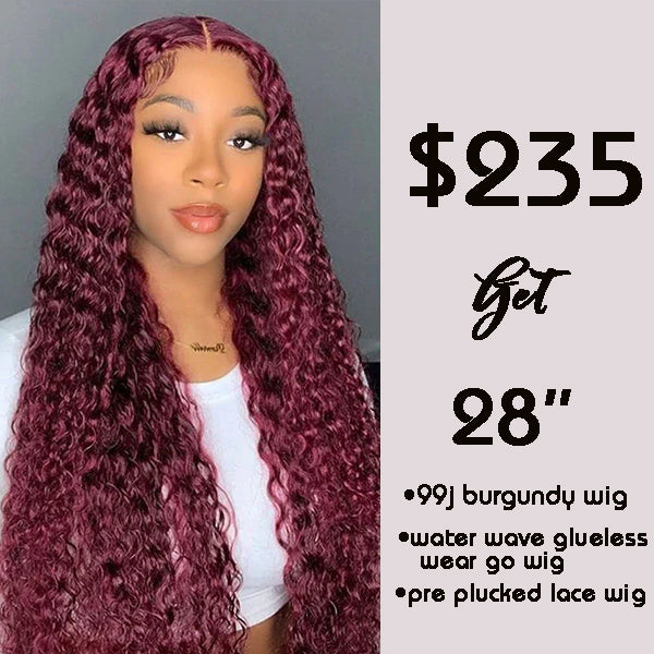 [Christmas Sale] 99J Burgundy Water Wave Wear Go Gluless Wig 13x4 Pre plucked HD Lace Front Wig Flash Sale