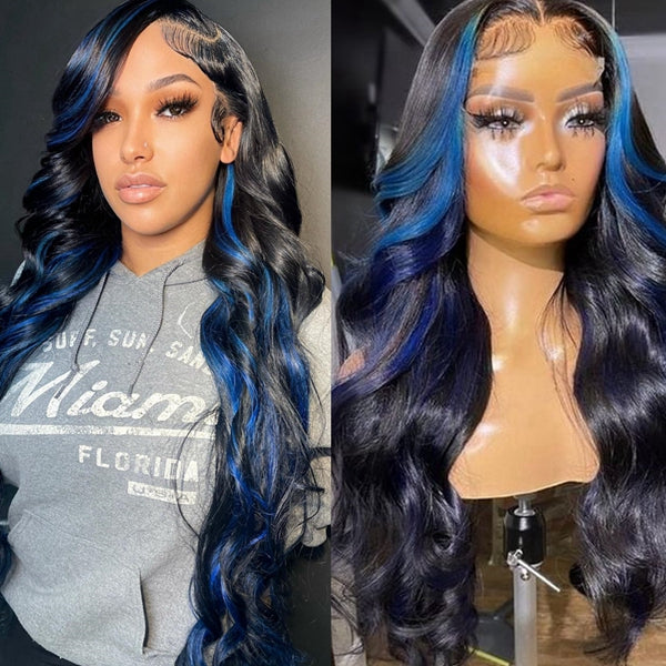 13x4 HD Transprent Lace Front Wig Black With Blue Highlights Skunk Stripe Wig Body Wave Colored Human Hair Wigs