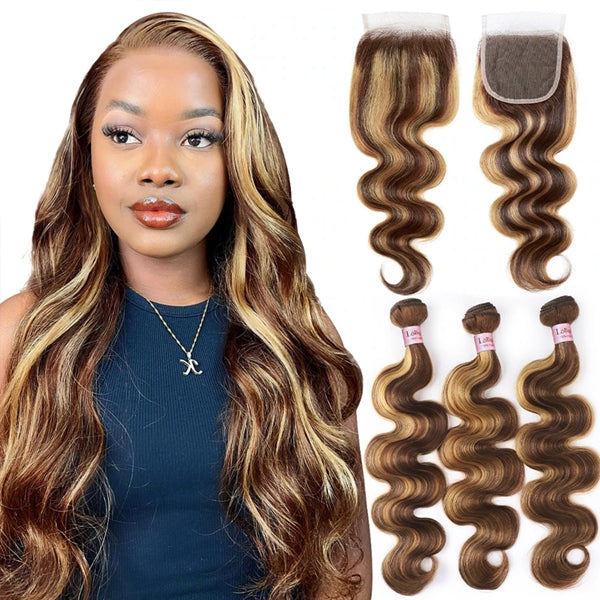 Body Wave P4 27 Highlight Human Hair Bundles With Closure Ombre Bundles with 4x4 HD Transparent Lace Closure