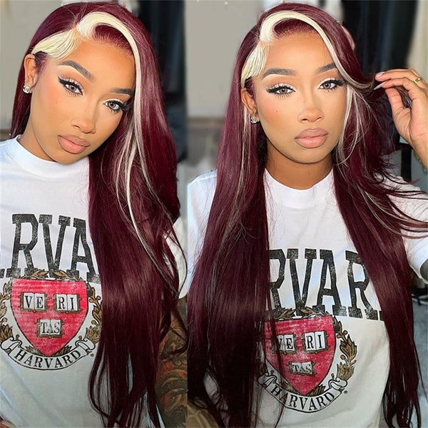 [Christmas Sale]13x4 Burgundy 99J With 613 Blonde Skunk Stripe Glueless Human Hair Wigs Body Wave Lace Front Wig Flash Sale