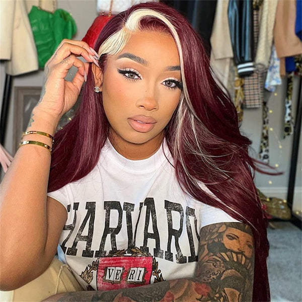 [Black Friday Sale]13x4 Burgundy 99J With 613 Blonde Skunk Stripe Glueless Human Hair Wigs Body Wave Lace Front Wig Flash Sale
