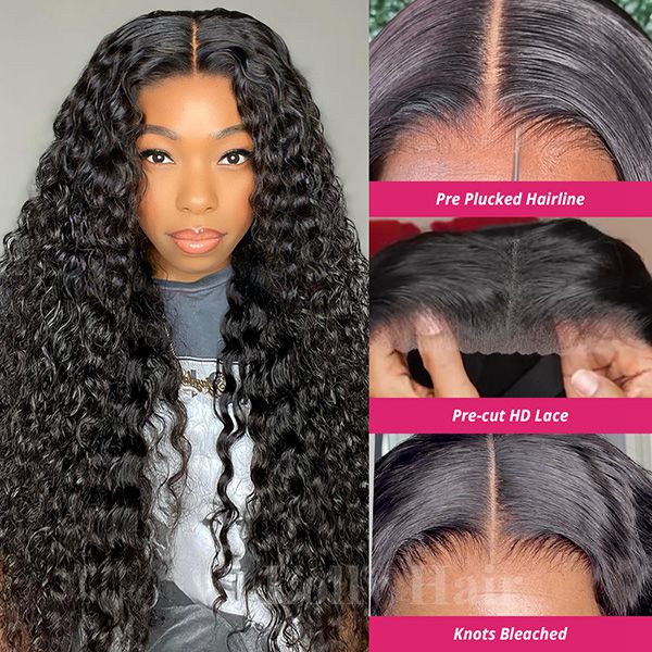 Deep Wave Pre-plucked 13x4 HD Glueless PPB Wear Go Human Hair Wigs Pre-bleached knot Pre-cut Lace Front Wig