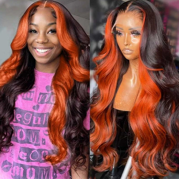 Ginger Highlight 13x6 HD Lace Front Wigs Pre Plucked Human Hair Body Wave 250 Density Glueless Ginger Orange Ombre Colored Lace Frontal Wigs