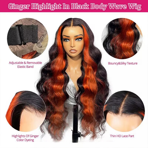 Ginger Highlight 13x6 HD Lace Front Wigs Pre Plucked Human Hair Body Wave 250 Density Glueless Ginger Orange Ombre Colored Lace Frontal Wigs