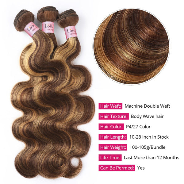 Lolly P4/27 Highlight Body Wave Hair Bundles Deal 1 3 4 Bundles Honey Blonde Brown Ombre Human Hair Weave