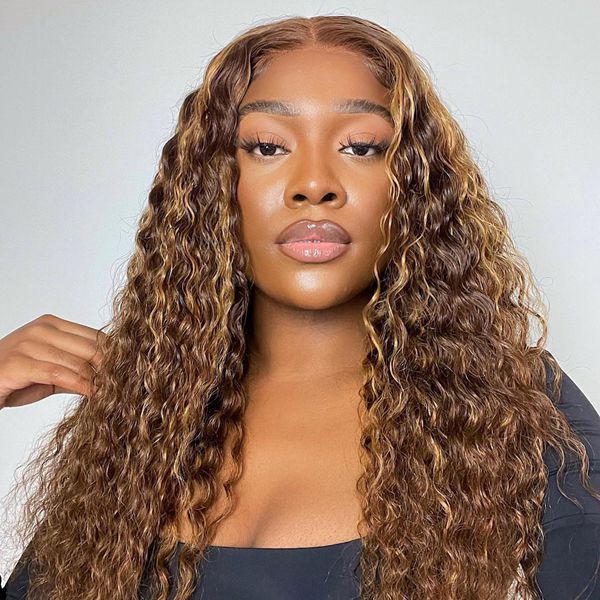 Highlight Brown Deep Wave 5x5 HD Wear Go Pre-plucked Bleached Knots Wigs Pre-cut PPB Colored Human Hair Wigs