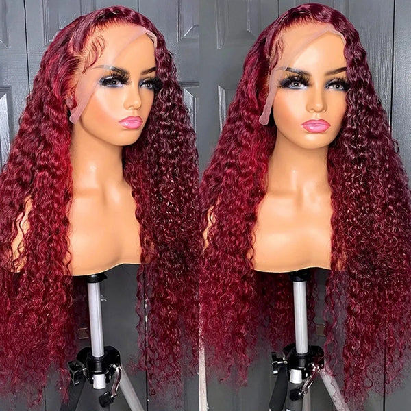 Lolly 13x4 Pre plucked Water Wave HD Lace Front Wig 99J Burgundy Wet & Wavy Colored Lace Frontal Human Hair Wigs
