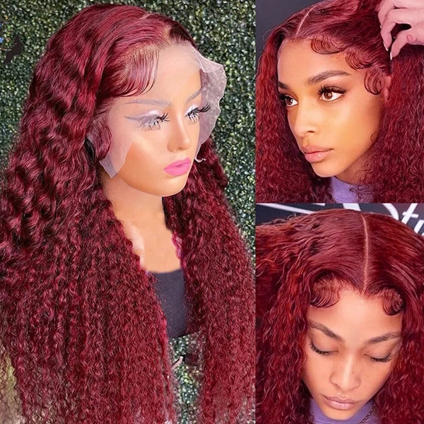 Lolly 13x4 Pre plucked Water Wave HD Lace Front Wig 99J Burgundy Wet & Wavy Colored Lace Frontal Human Hair Wigs